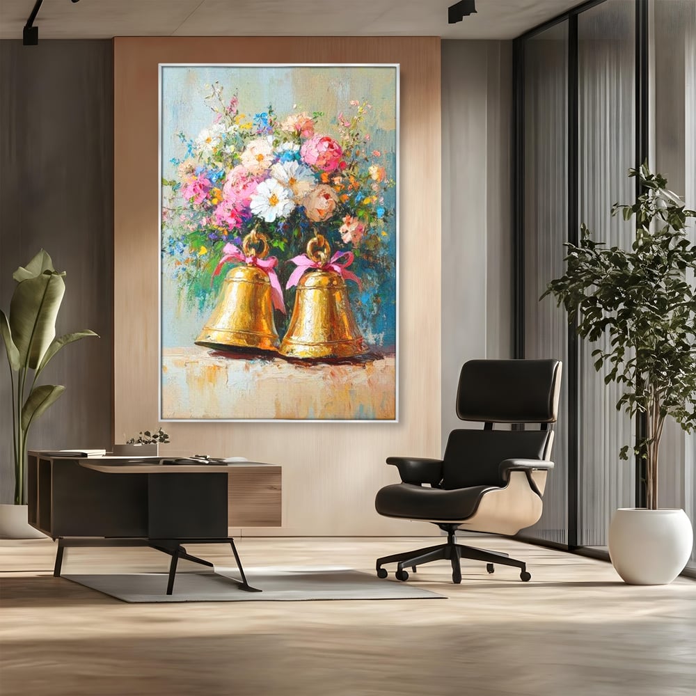 Tablou canvas cu pictura cu clopotei aurii si bujori, in rama de aluminiu argintiu, pe perete intr-un birou